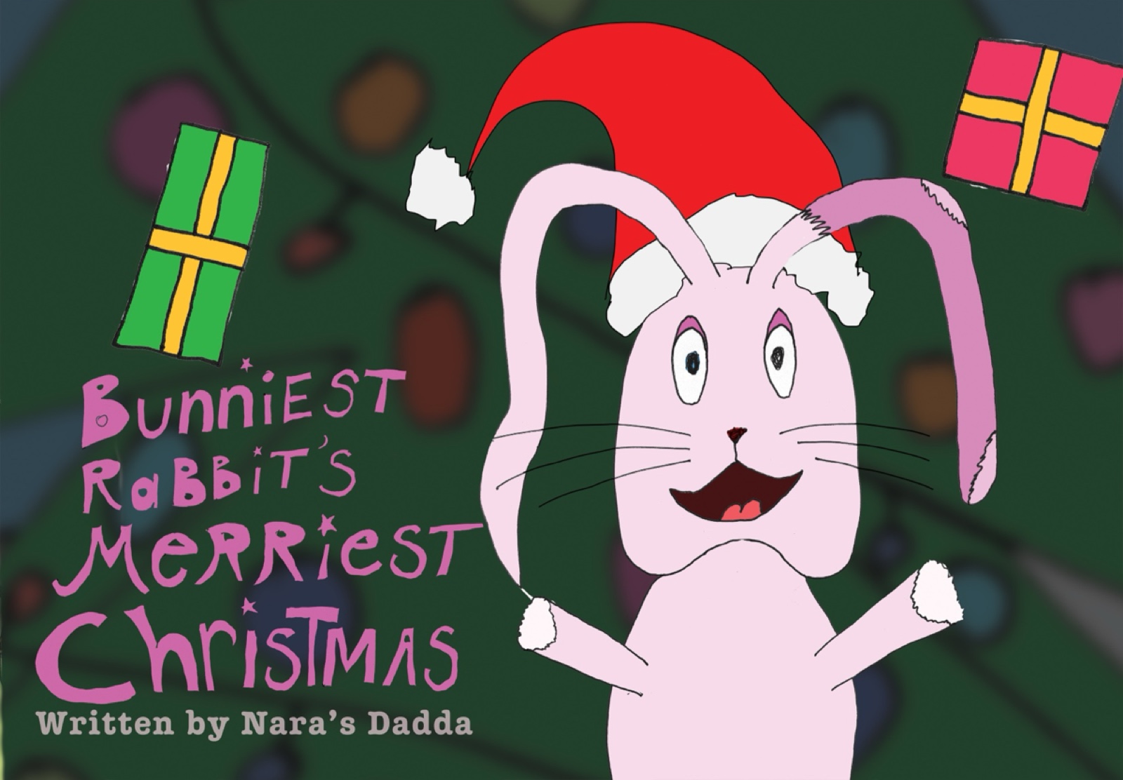 Cover of Bunniest Rabbit's Merriest Christmas — Bunniest in a Santa hat against a green and red holiday background.